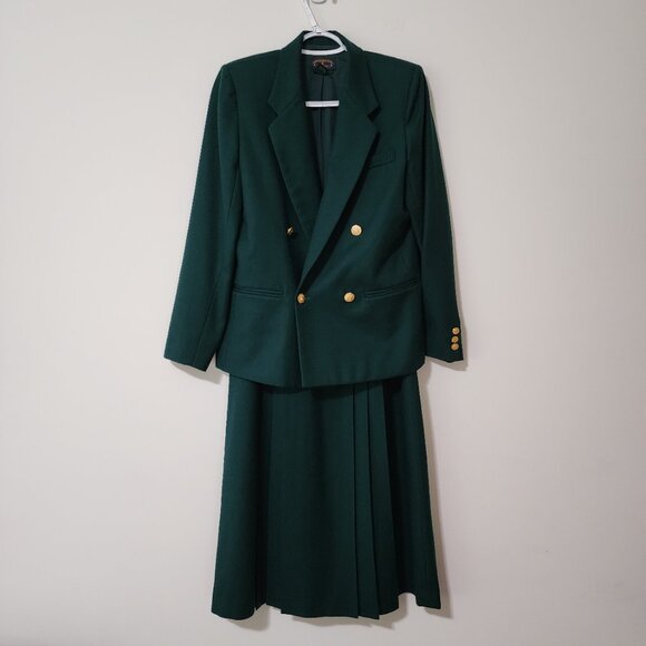 Charter Club Jackets & Blazers - Vintage Charter Club Petites by Jane Justin Womens Wool Skirt Suit Green Size 4P